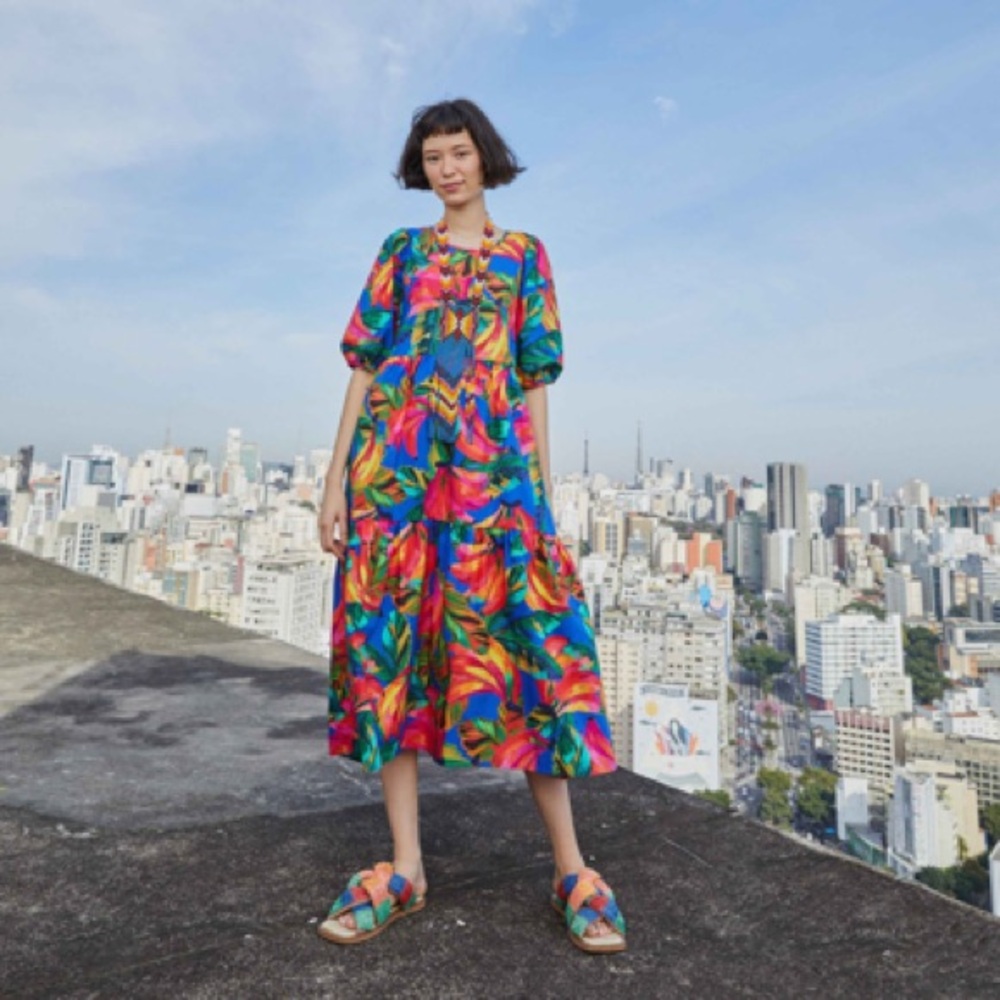 Farm Rio Blue Bananamix Puff Sleeve Midi Dress